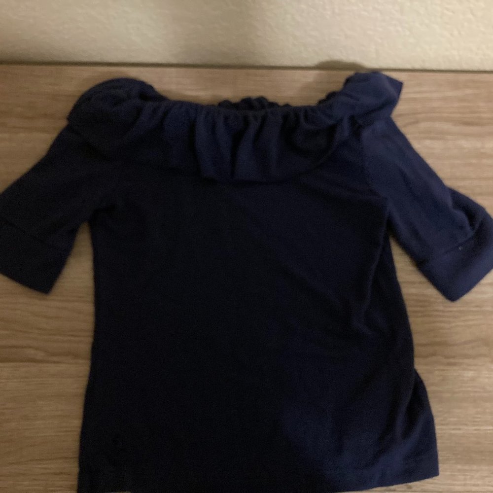 Polo Ralph Lauren Short Sleeve Navy Blue Top Ruffle Collar Modal Small 7